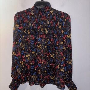 Laundry by Shelli Segal‎ Womens Blouse Black Floral Smocked Fairy Whimsygoth SzM